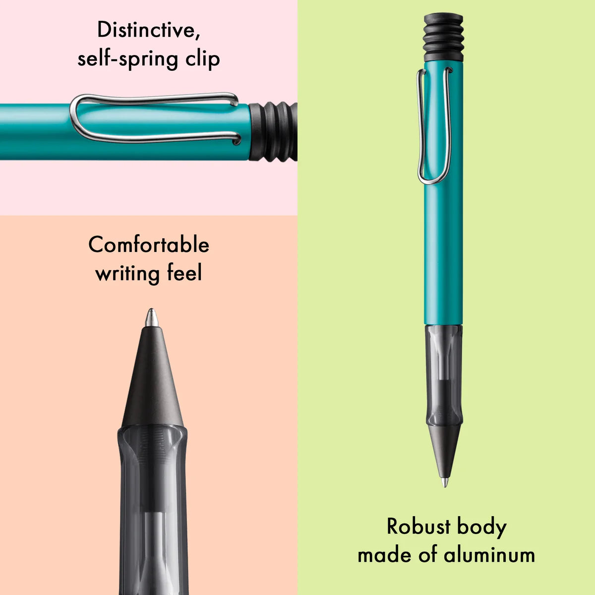 Three pens with features highlighted on a colorful background