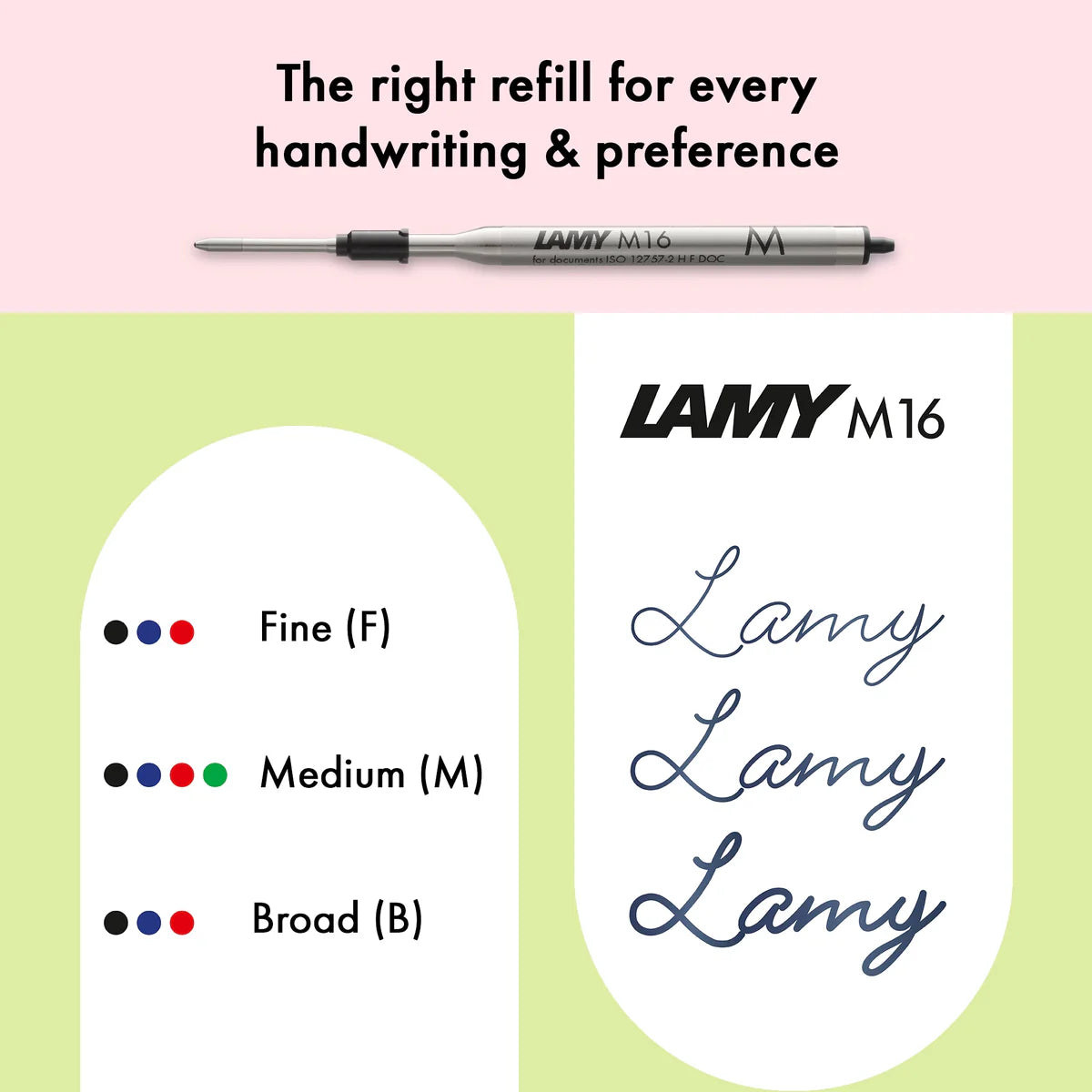 Lamy M16 pen refill with ink color options on a pink and green background