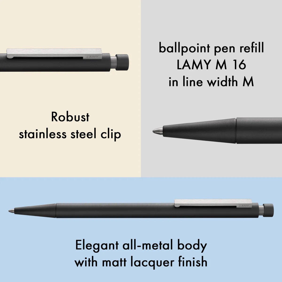 Lamy M 16 ballpoint pen with features highlighted