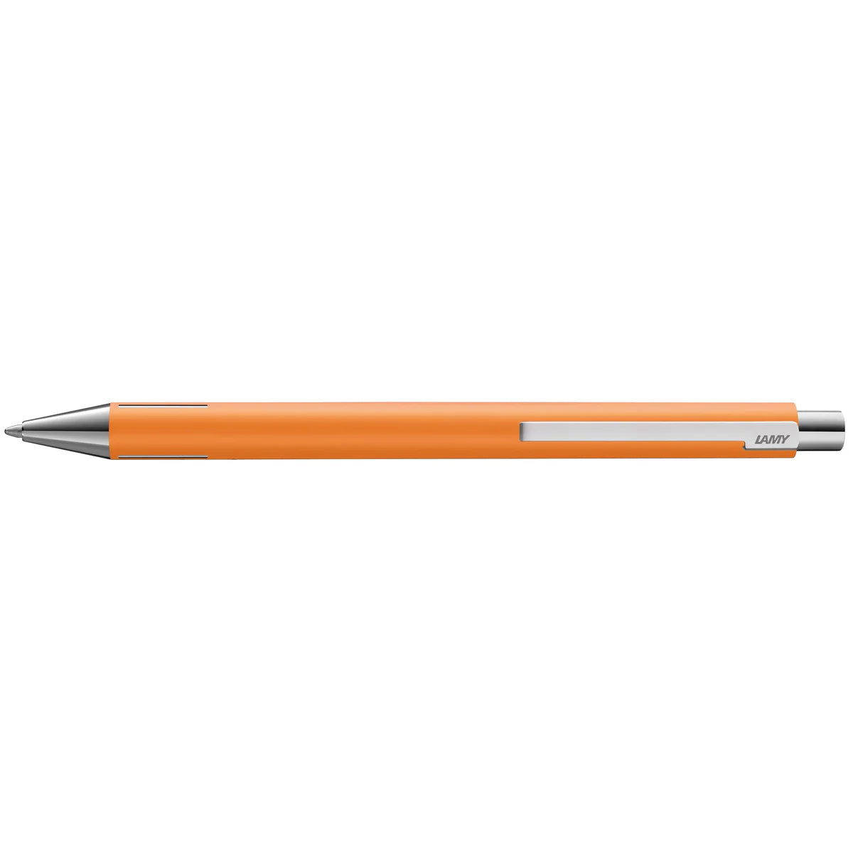 Orange pen with silver clip on a white background