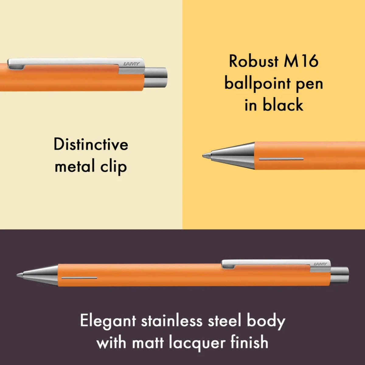 Orange ballpoint pen with metal clip on a multicolored background