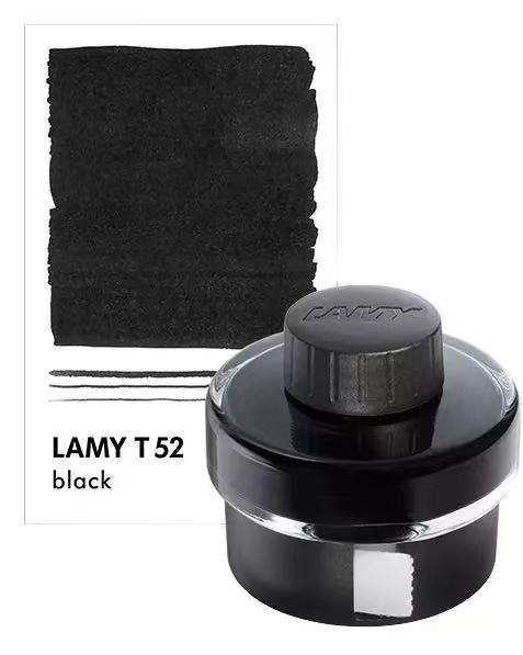 Lamy T 52 black ink bottle with a swatch of black ink on a white background