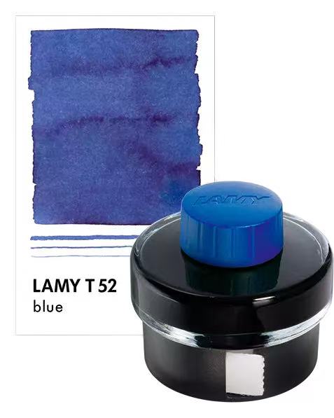 Lamy T 52 blue ink bottle with color swatch on a white background