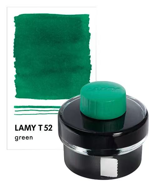 Lamy T 52 green ink bottle with ink swatch on a white background