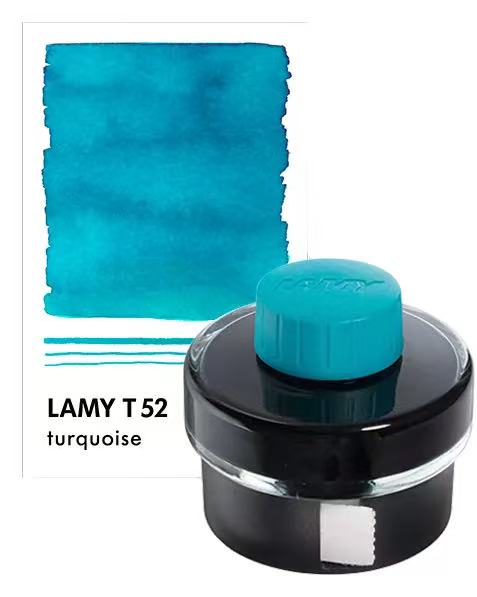 Lamy T52 turquoise ink bottle with color swatch on a white background
