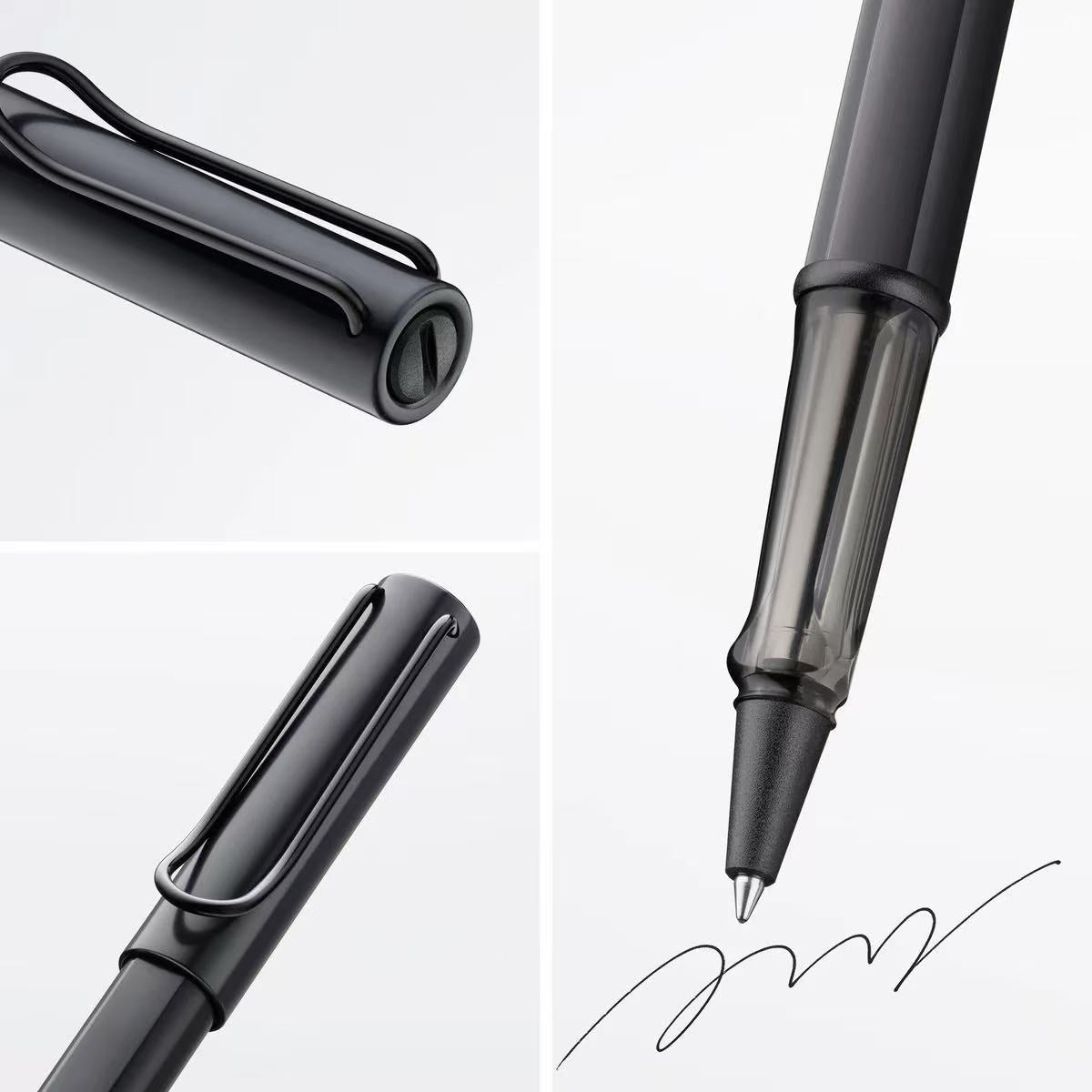lamy al-star black rollerball pen with close-up details
