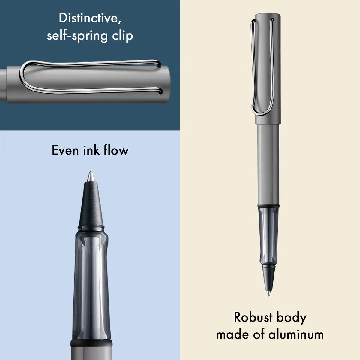 lamy al-star graphite rollerball pen with self-spring clip, even ink flow, and robust aluminum body.