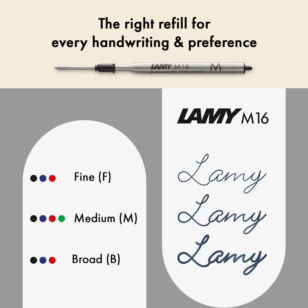 Lamy M16 pen refill with size chart and branding