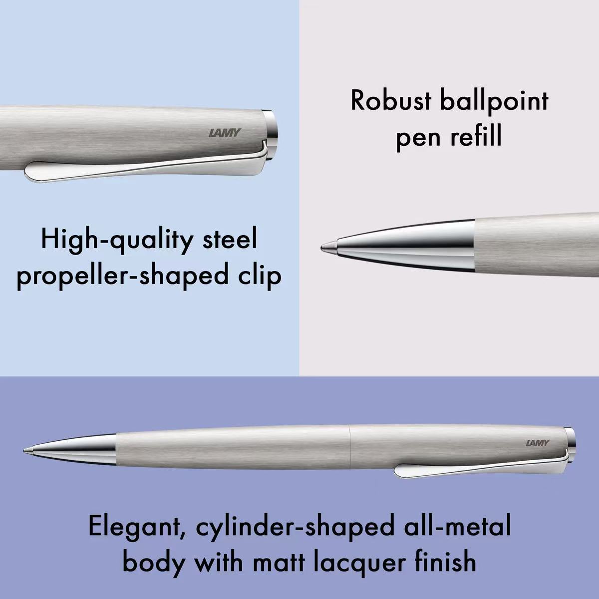 Silver pen with text highlighting features on a blue and white background