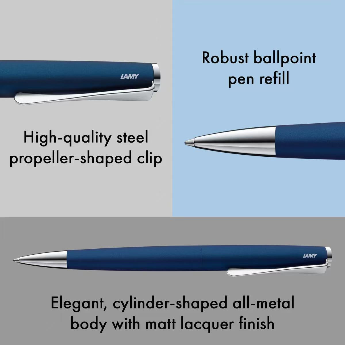 LAMY studio matt blue ballpoint pen with text highlighting features on a gray and blue background