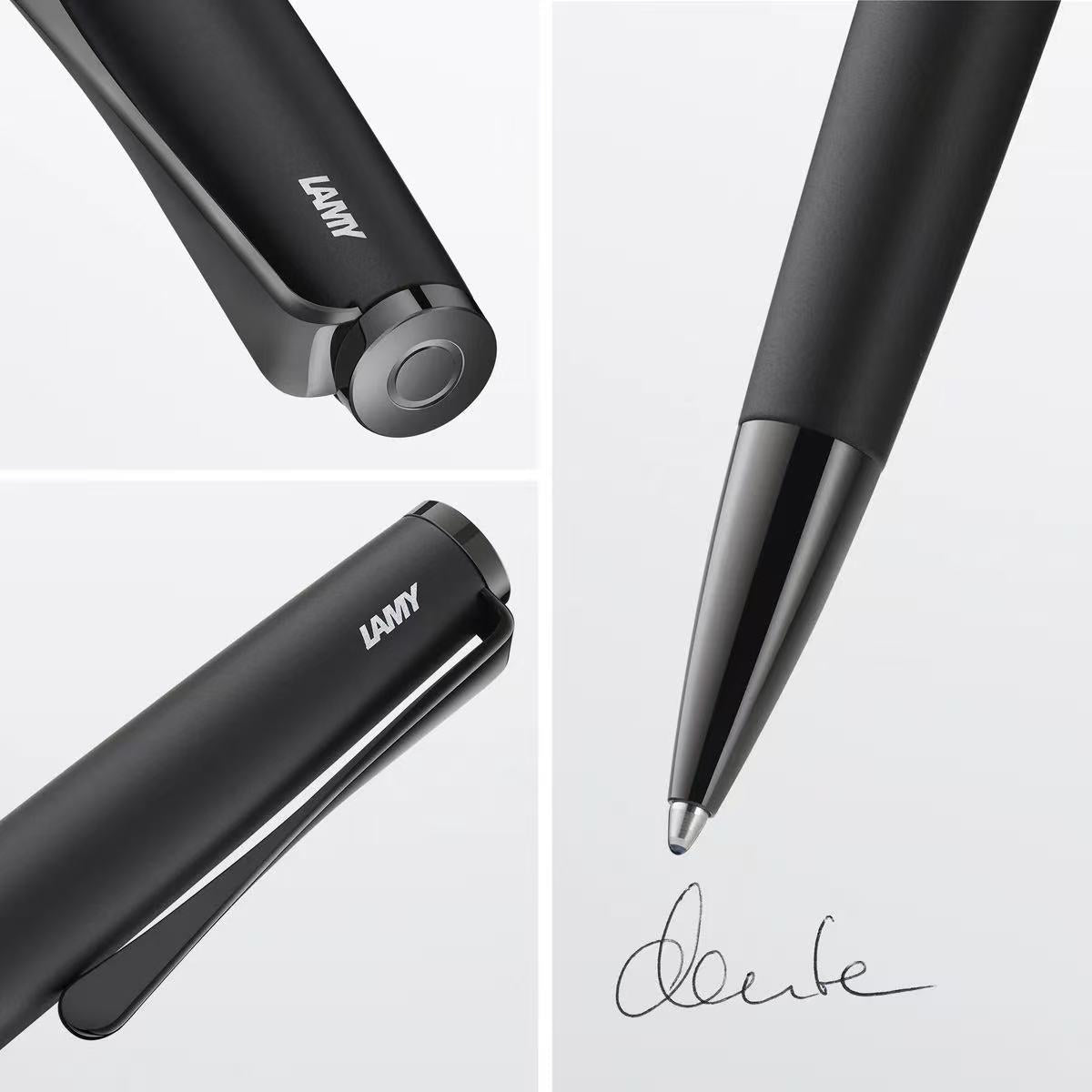 LAMY studio lx all black ballpoint pen with close-up details on a light gray background