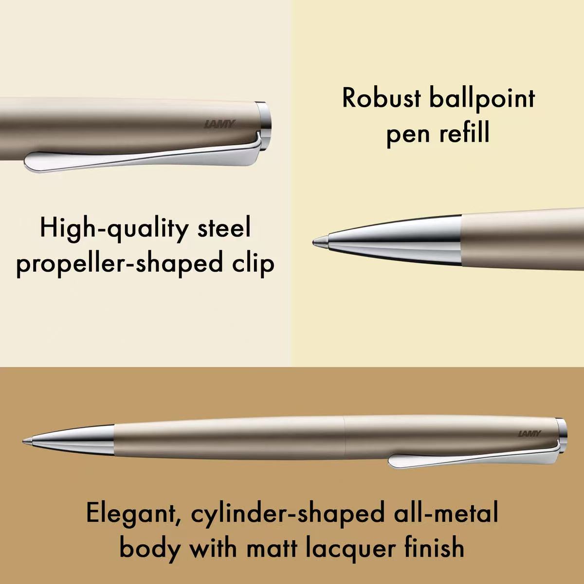 LAMY studio palladium ballpoint pen with high-quality steel clip and elegant metal body on beige background