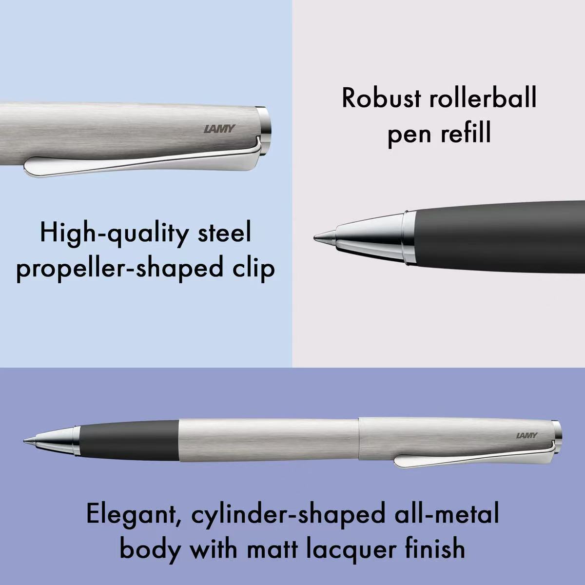 Three views of a lamy studio brushed steel rollerball pen with text describing its features on a blue background