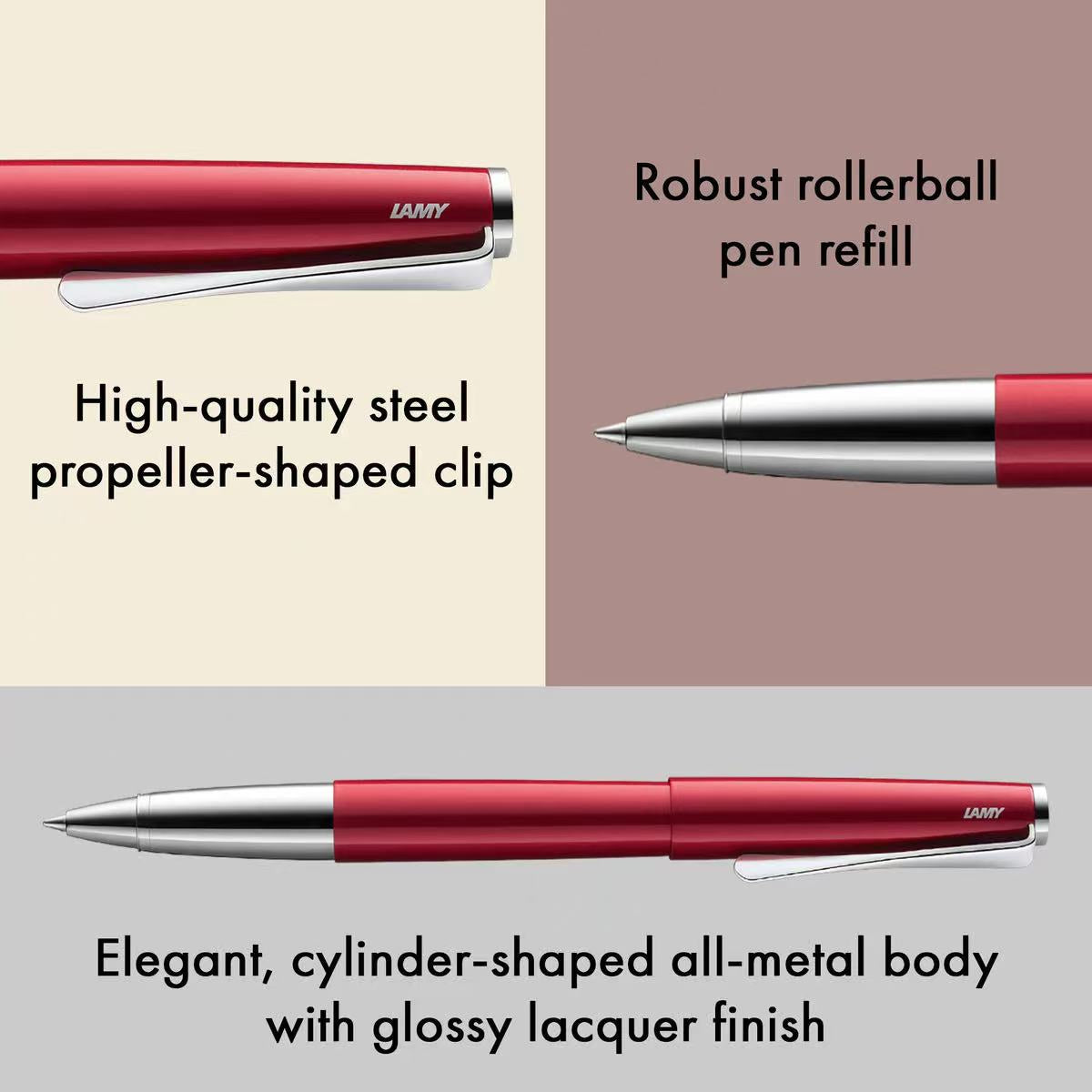 lamy studio piano red rollerball pen with text describing features