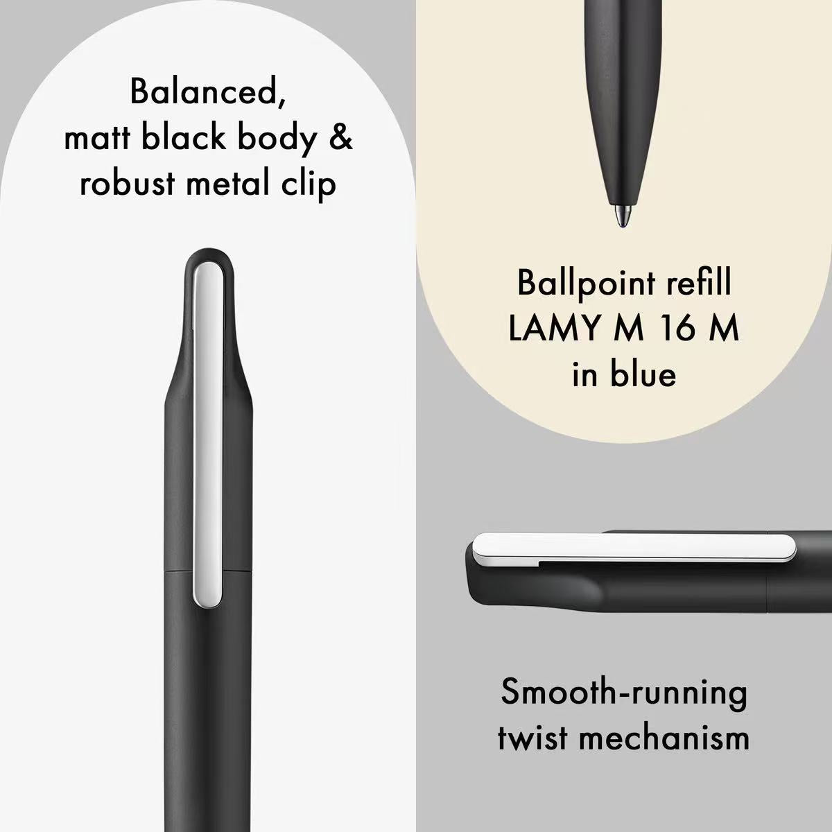lamy xevo black ballpoint pen with text describing features