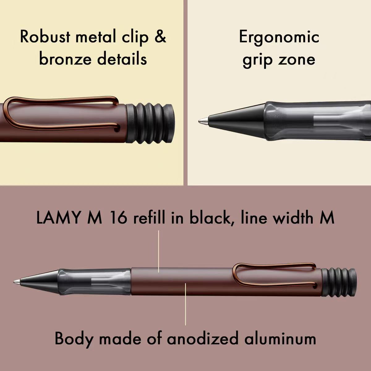 Pen with features highlighted on a beige background
