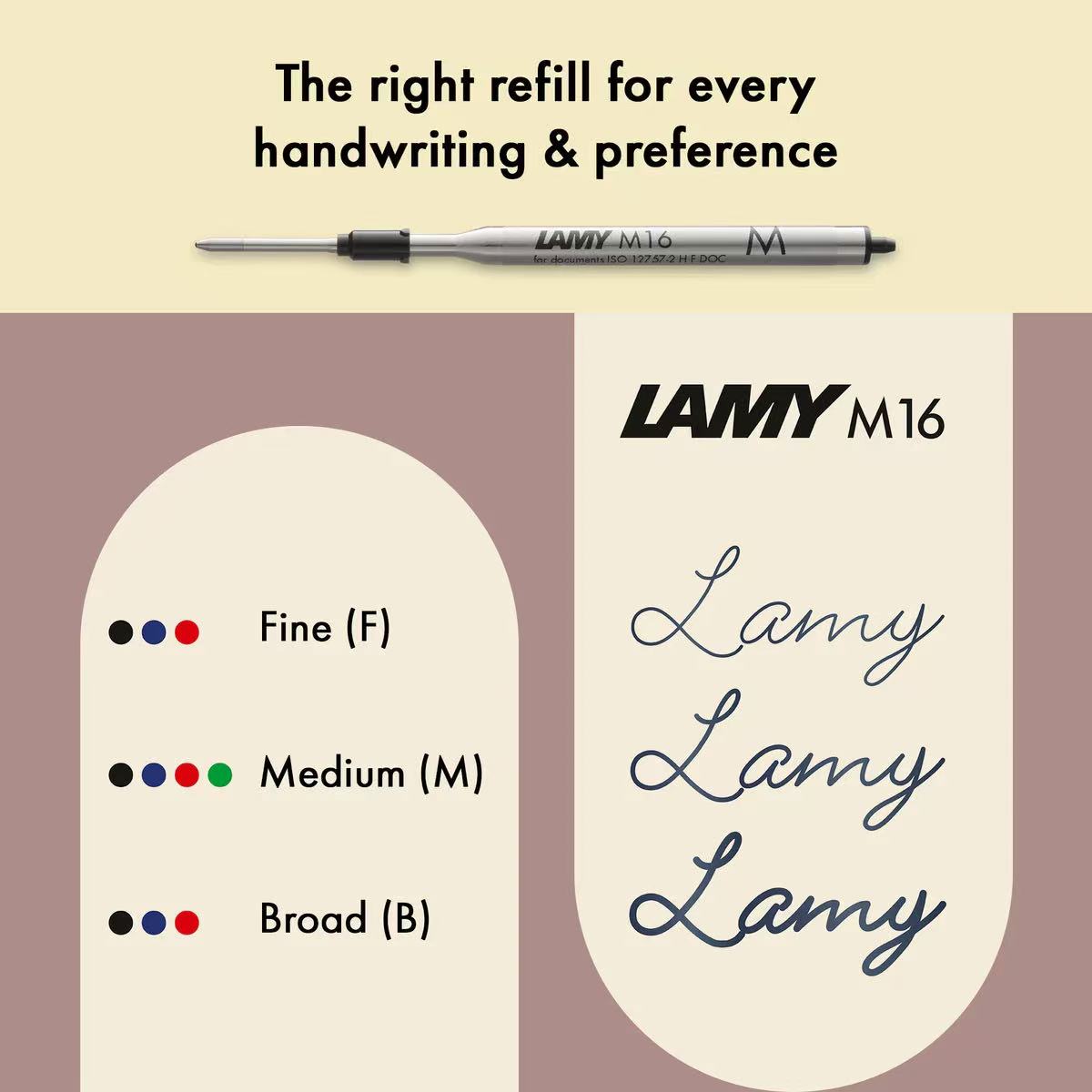 Lamy M16 pen refill with ink color options on a beige and brown background