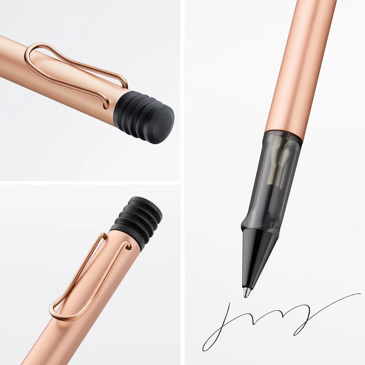 Rose gold pen with black cap and nib on a light gray background