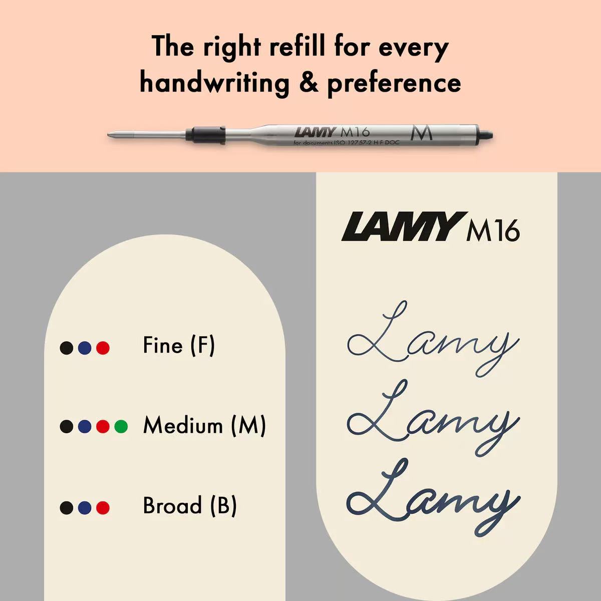 Lamy M16 pen refill with size chart and branding on a pink and gray background