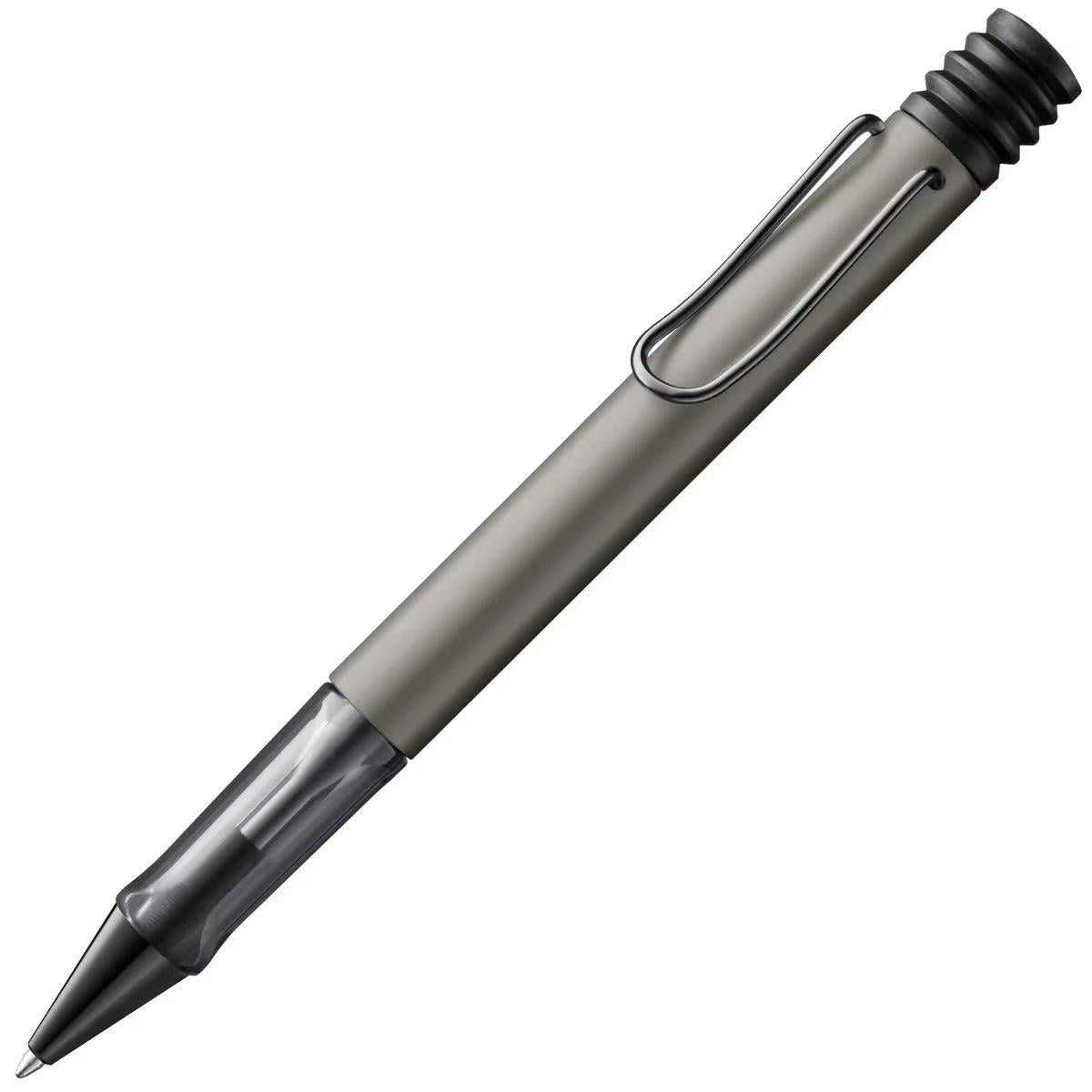 Silver pen with black accents on a white background