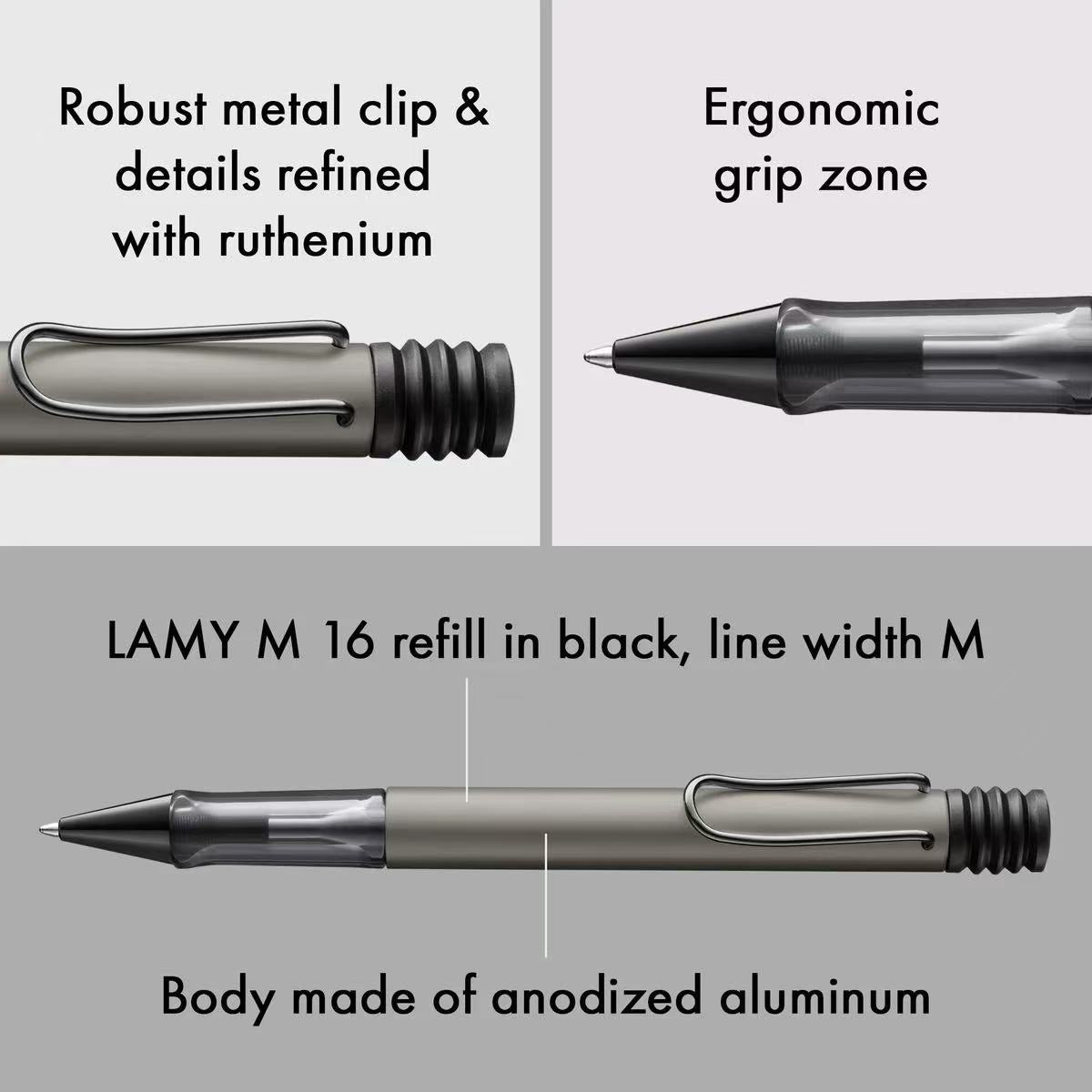 Pen with features highlighted on a gray background