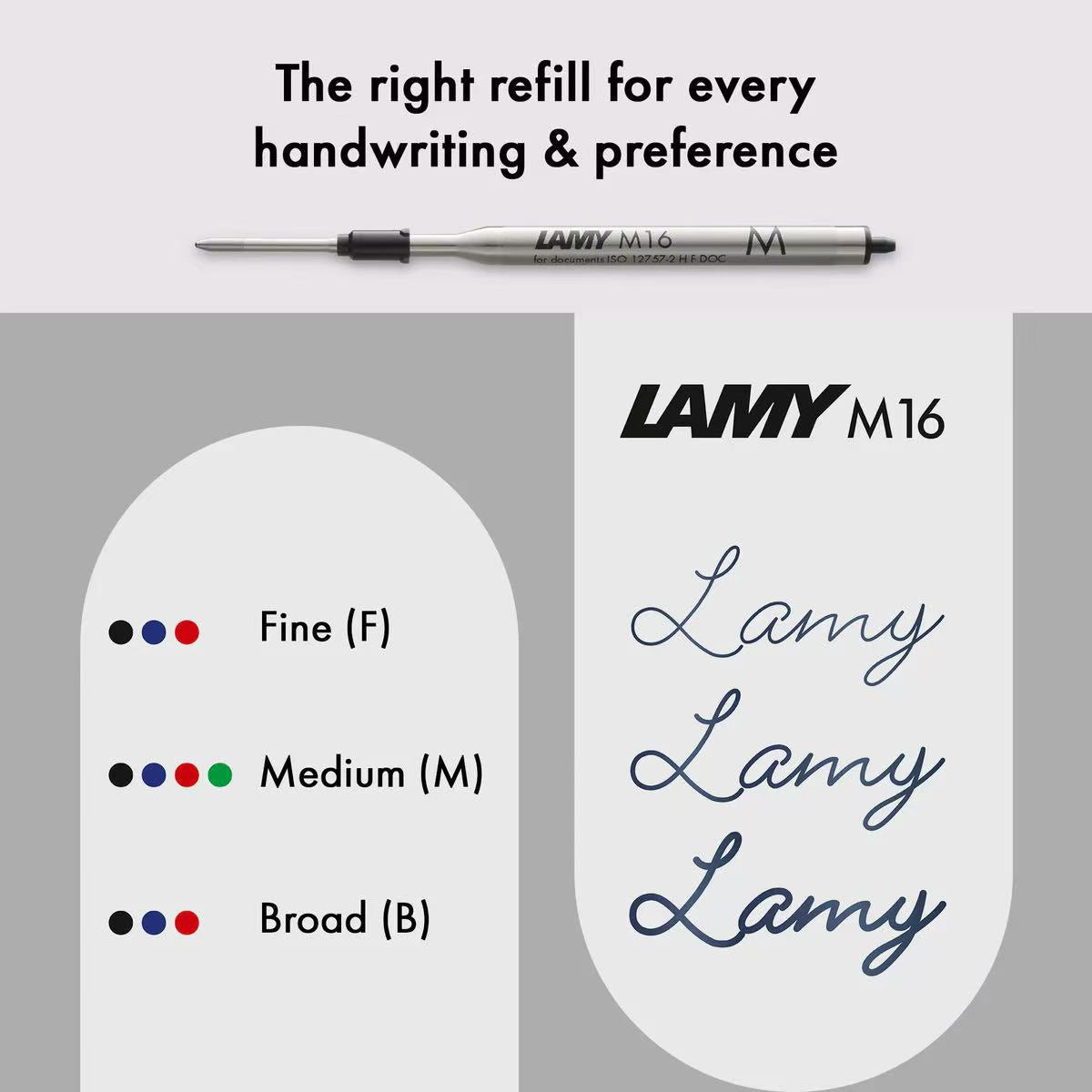 Lamy M16 pen with ink cartridge options on a gray background