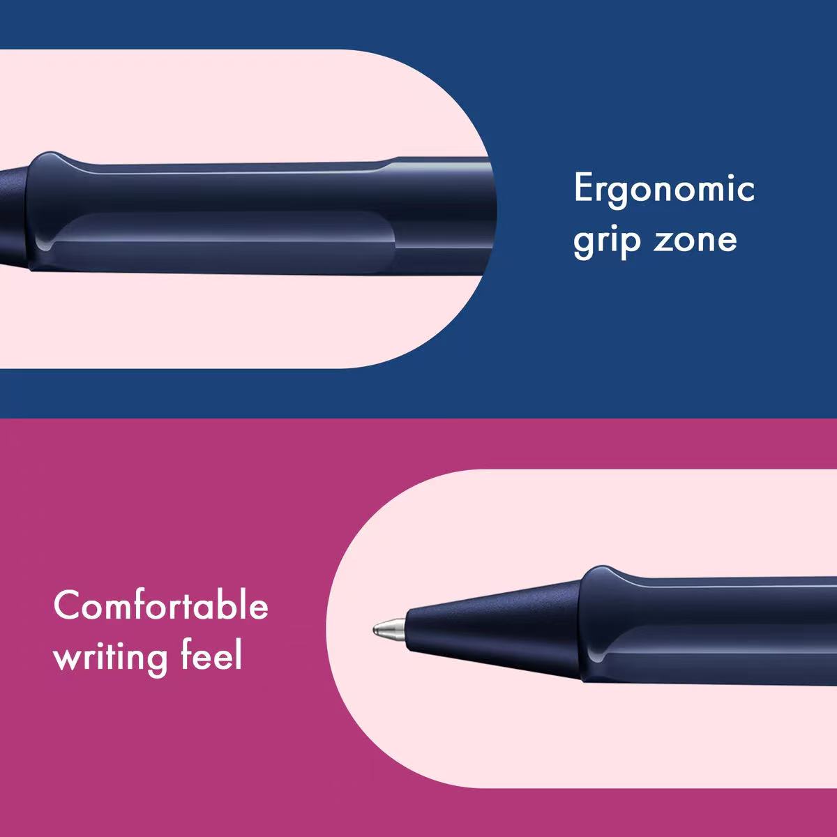 Pen with ergonomic grip zone and comfortable writing feel highlighted on a divided background.