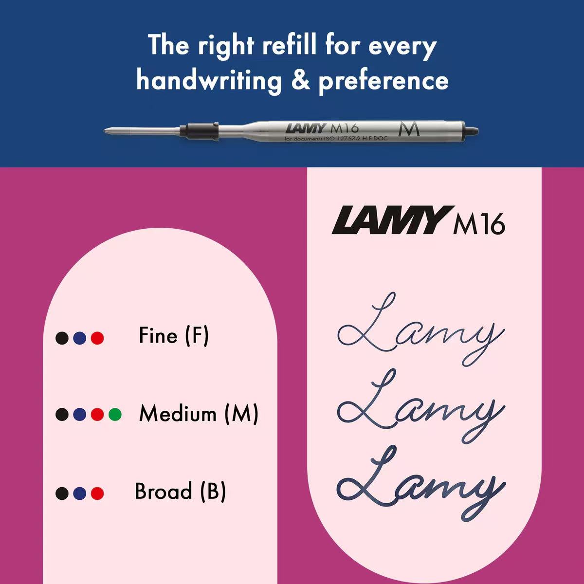 Lamy M16 pen refill with ink color options on a purple background