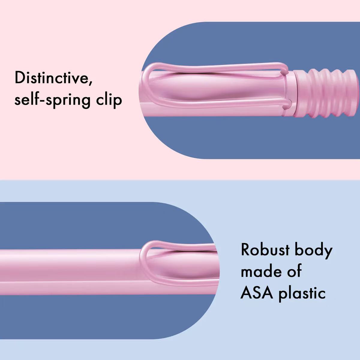Close-up of a pink clip with text describing its features on a blue and pink background
