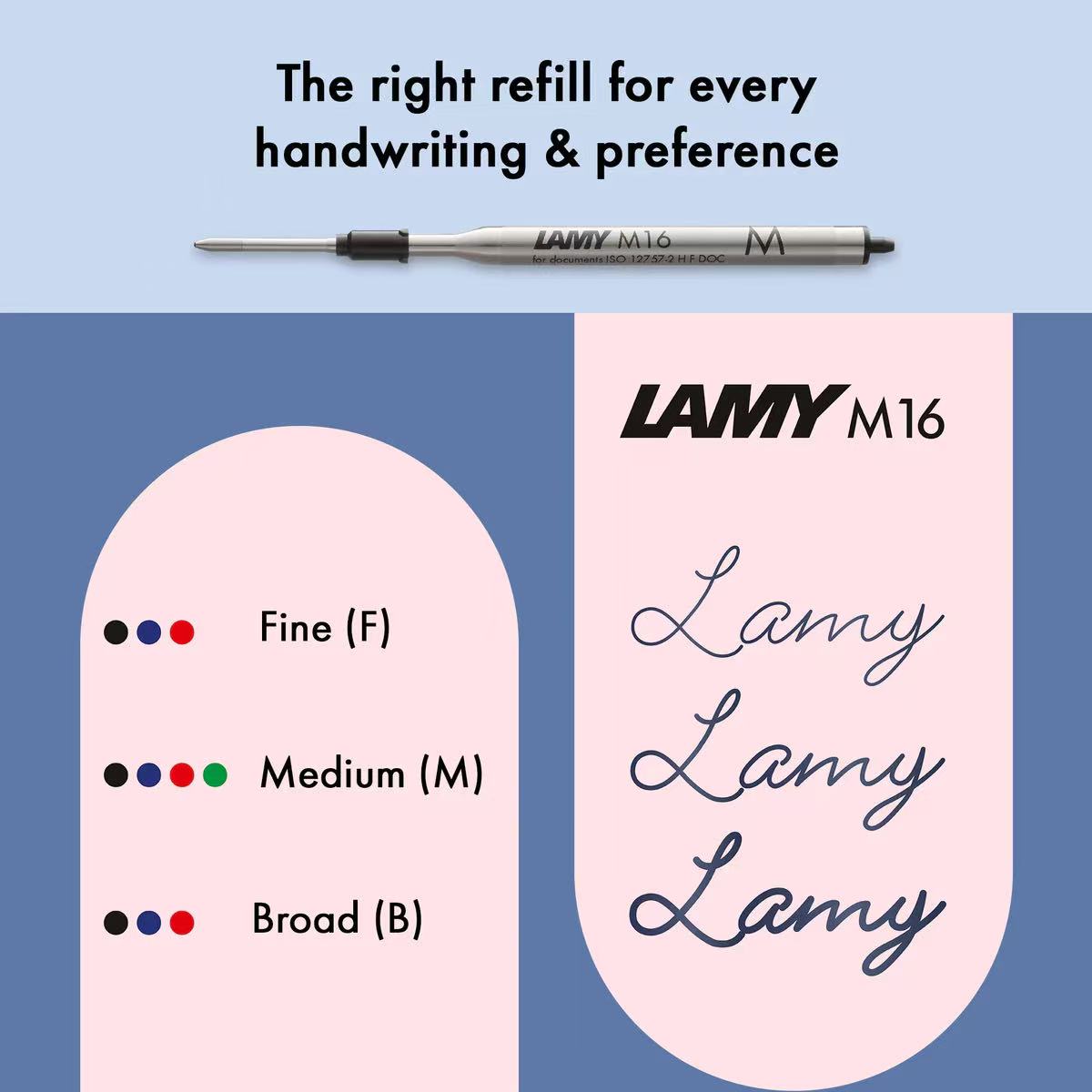 Lamy M16 pen with refill options and branding on a blue background