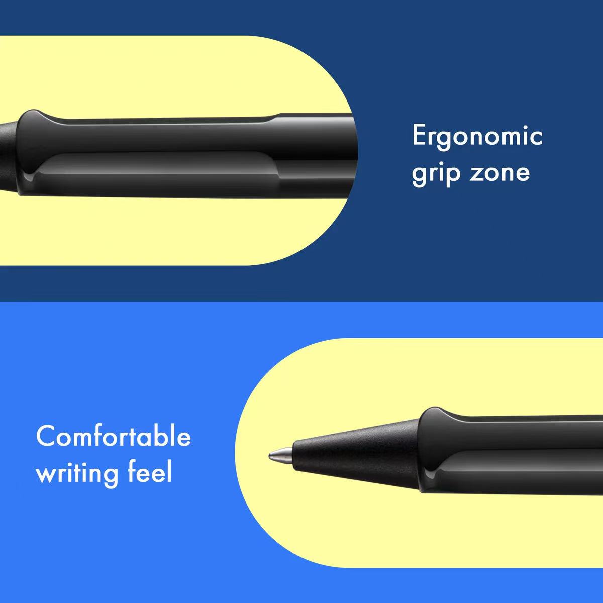 LAMY safari Black ballpoint pen with ergonomic grip zone and comfortable writing feel on a blue and yellow background