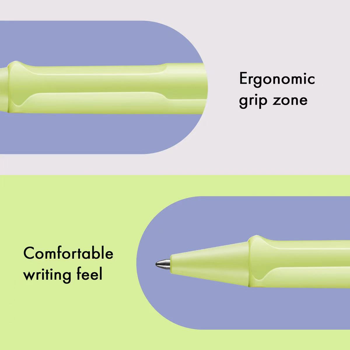Green pen with ergonomic grip zone and comfortable writing feel text on a purple and green background