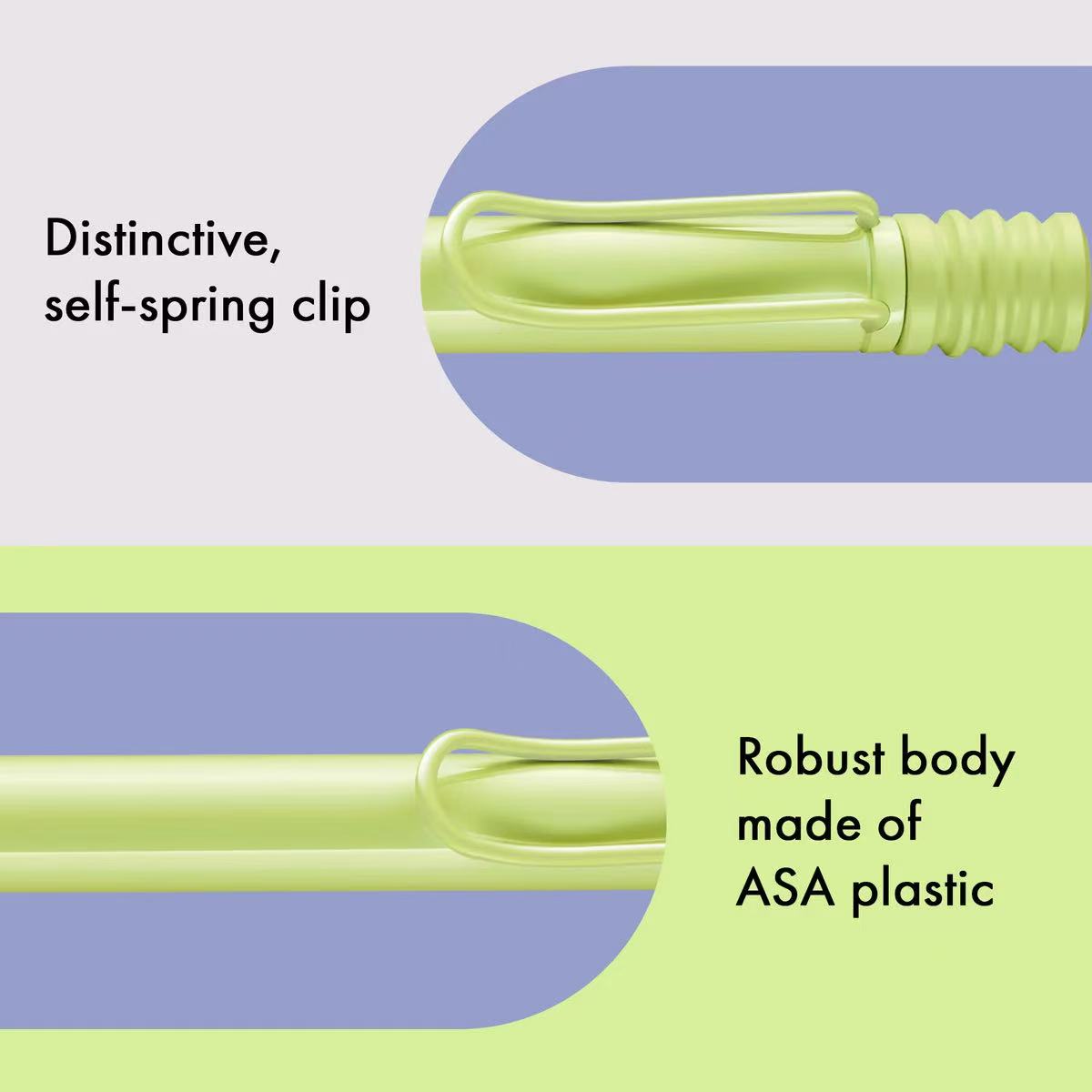 Green clip with text highlighting 'distinctive, self-spring clip' and 'robust body made of ASA plastic' on a purple and green background.