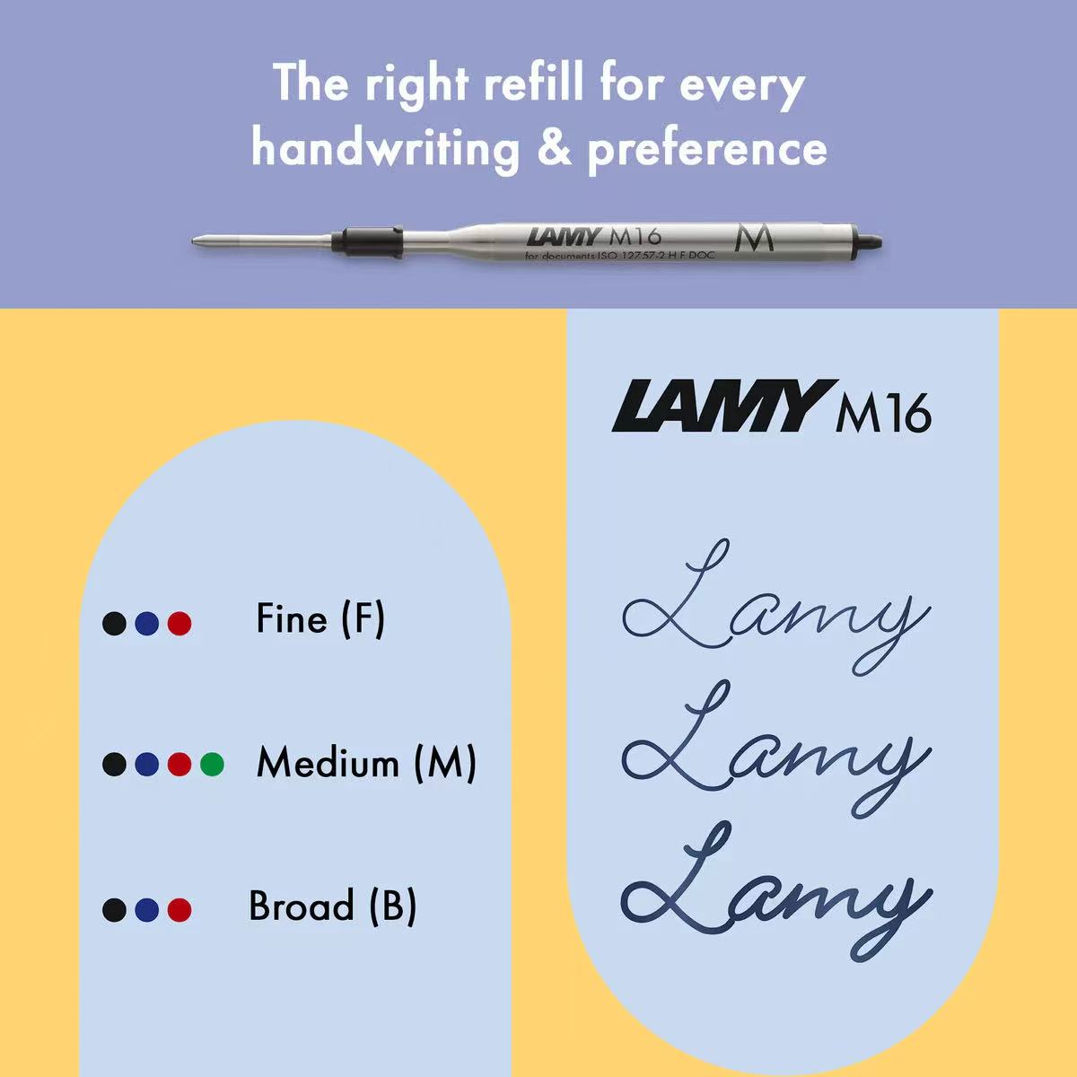 Lamy M16 pen with ink cartridge and calligraphy examples on a blue and yellow background