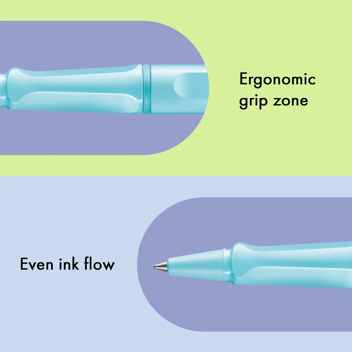Illustration of LAMY safari aquasky rollerball pen with labeled ergonomic grip zone and even ink flow.