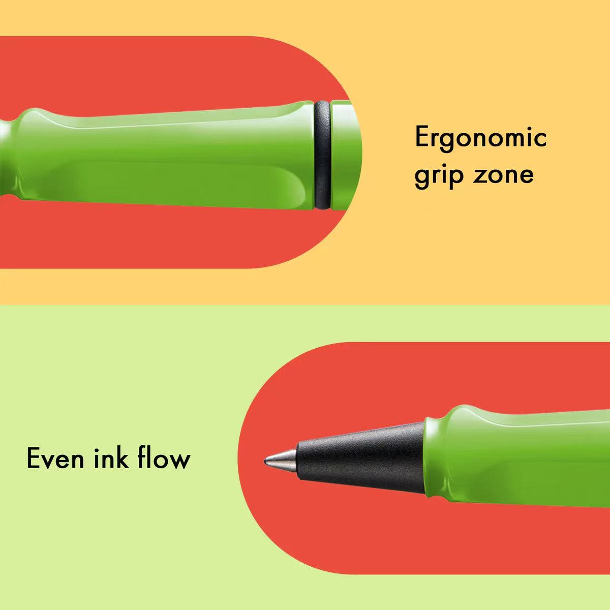 LAMY safari Green rollerball pen with ergonomic grip zone and even ink flow highlighted on a colorful background