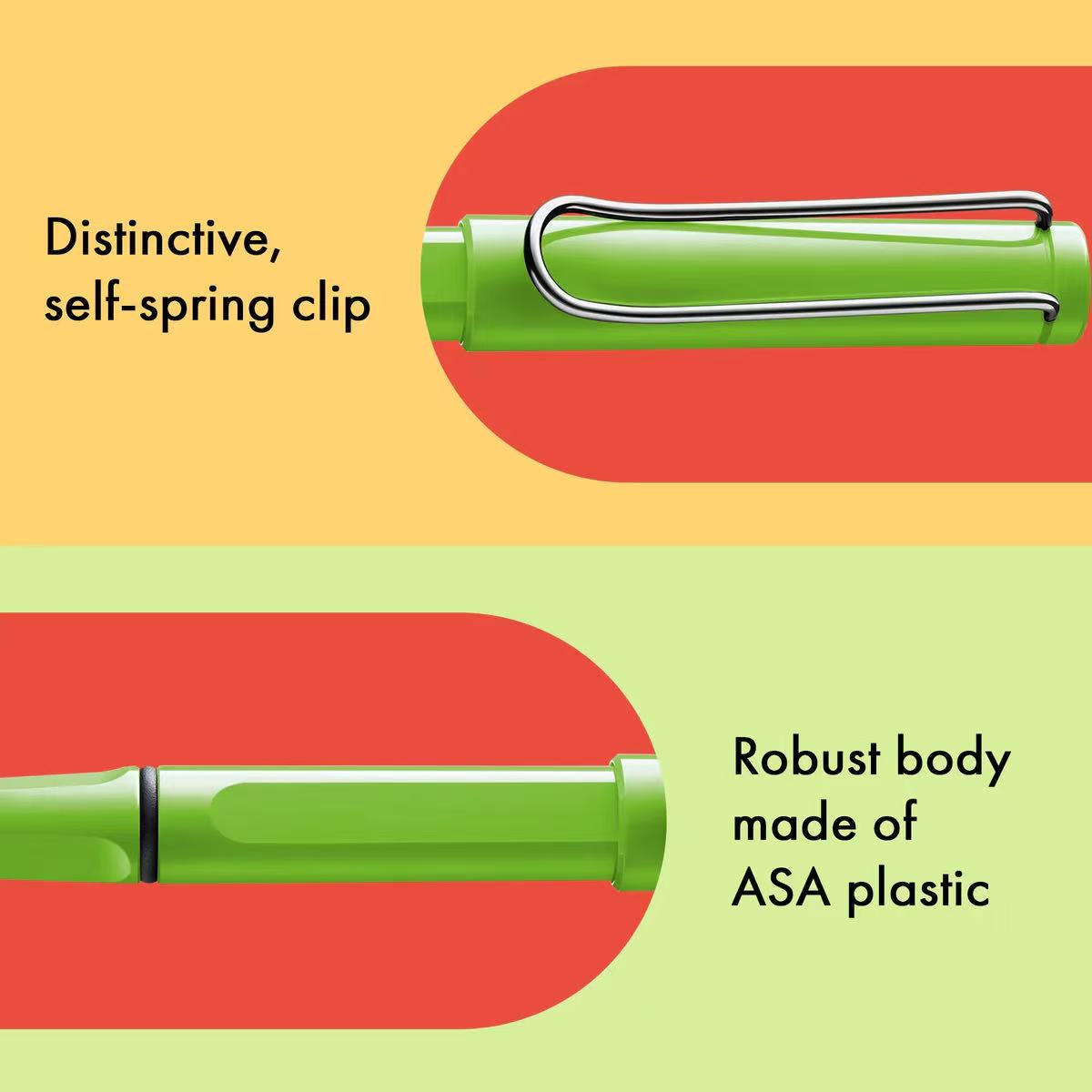 LAMY safari Green rollerball pen with self-spring clip on a colorful background