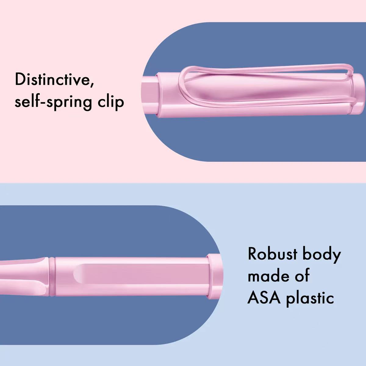 lamy safari light rose rollerball pen with self-spring clip and ASA plastic body on a blue and pink gradient background