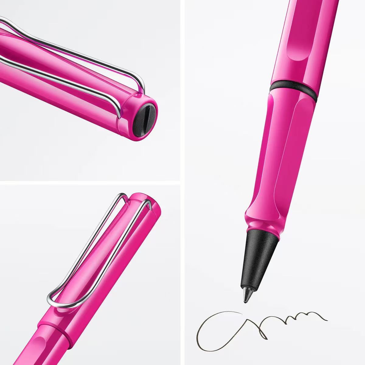 Close-up of LAMY safari pink rollerball pen