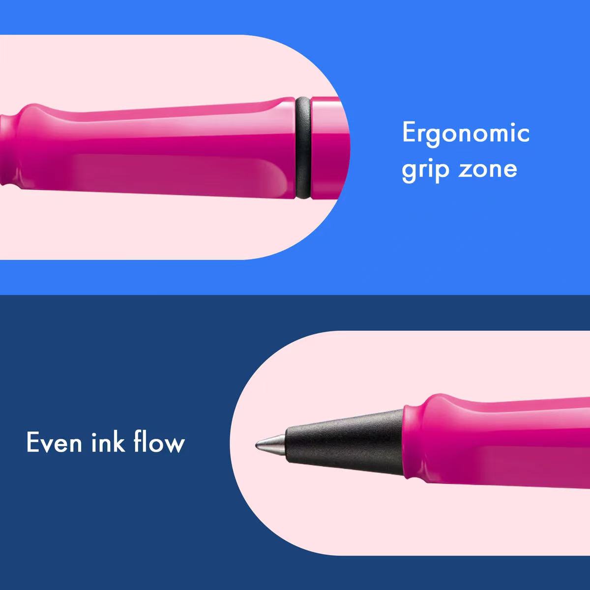 Close-up of a pink pen with ergonomic grip zone and even ink flow text on a blue and pink background.