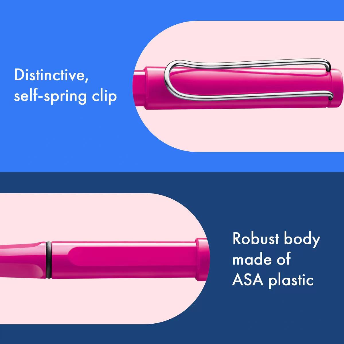 Close-up of a pink pen with a self-spring clip on a blue background