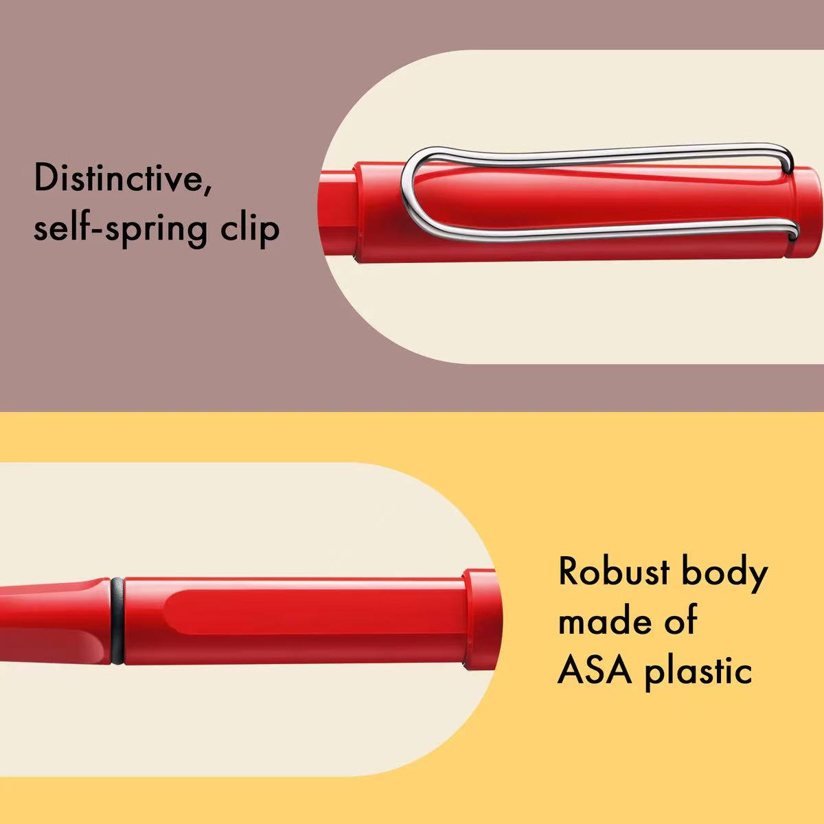 LAMY safari Red rollerball pen with a self-spring clip on a beige and brown background