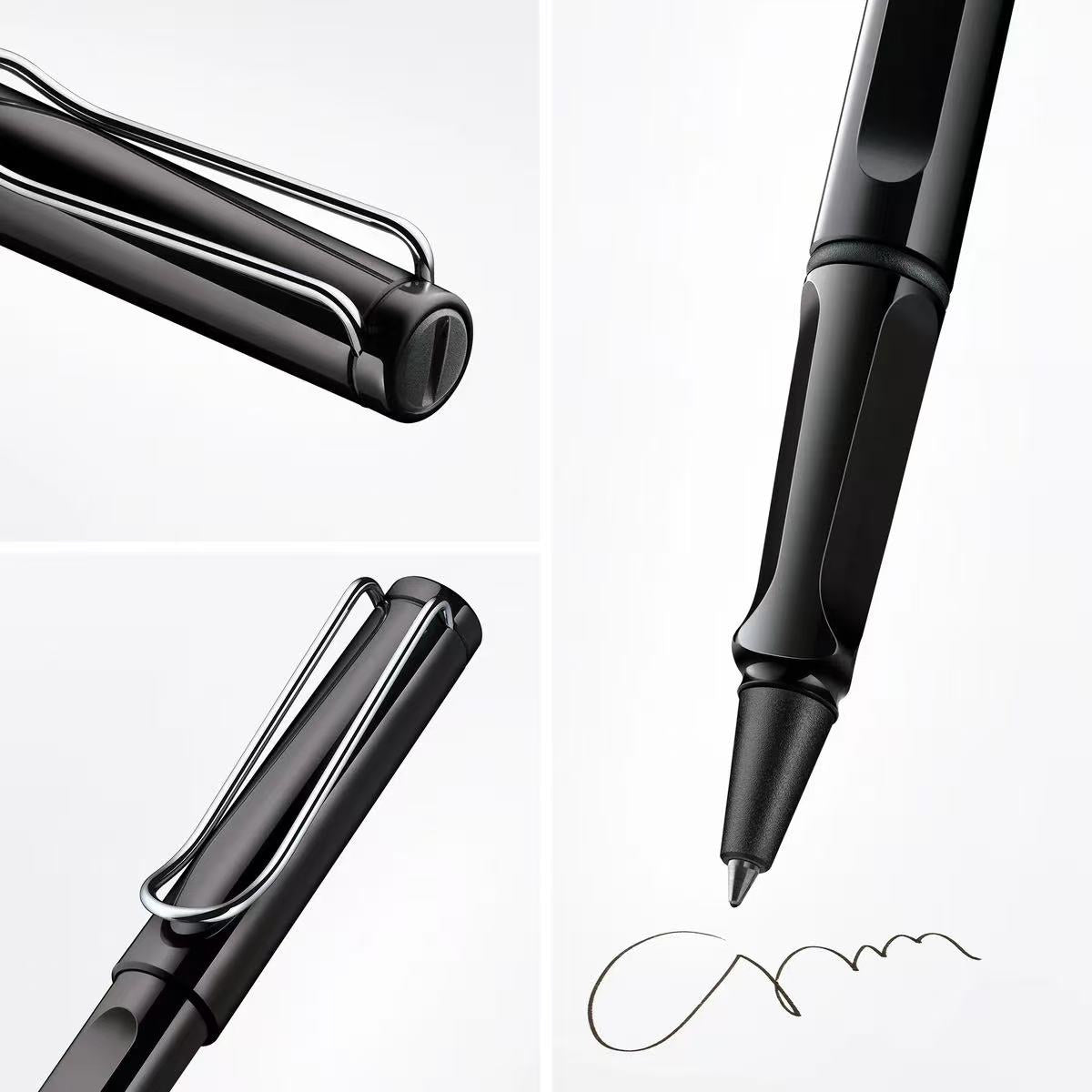 LAMY safari shiny Black rollerball pen with a metallic clip with close-up details on a white background