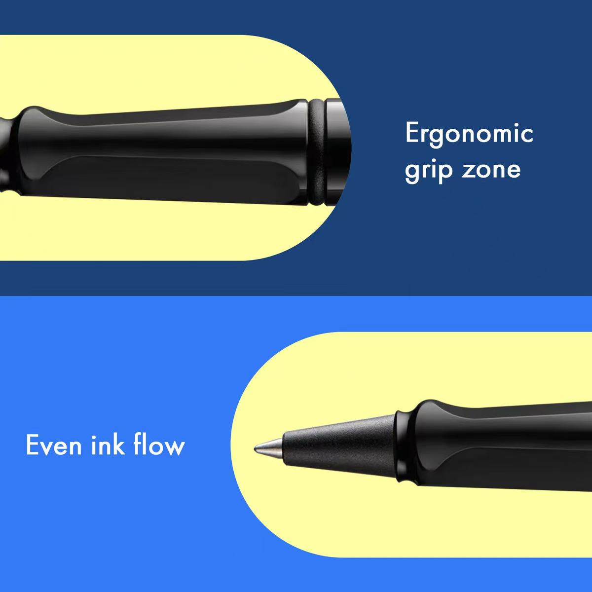LAMY safari shiny Black rollerball pen with a metallic clip with ergonomic grip zone and even ink flow highlighted