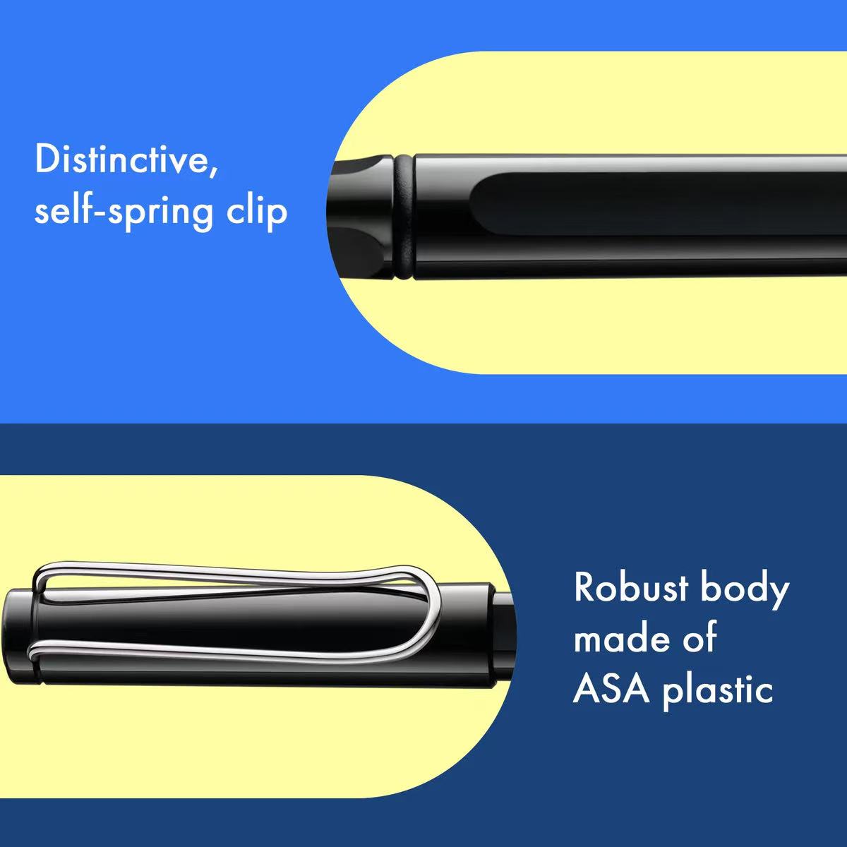 LAMY safari shiny Black rollerball pen with a metallic clip with self-spring clip and ASA plastic body
