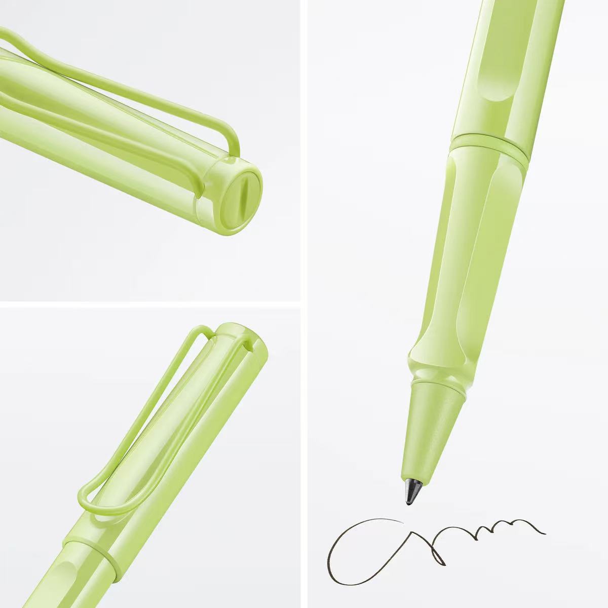 lamy safari spring green rollerball pen with a close-up of the cap and body on a white background.