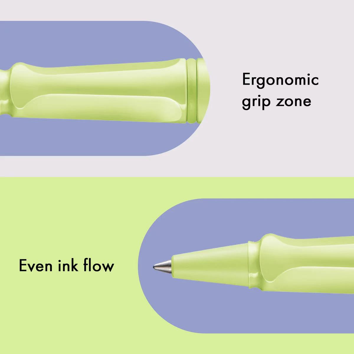 lamy safari spring green rollerball pen with ergonomic grip zone and even ink flow highlighted on a purple and green background
