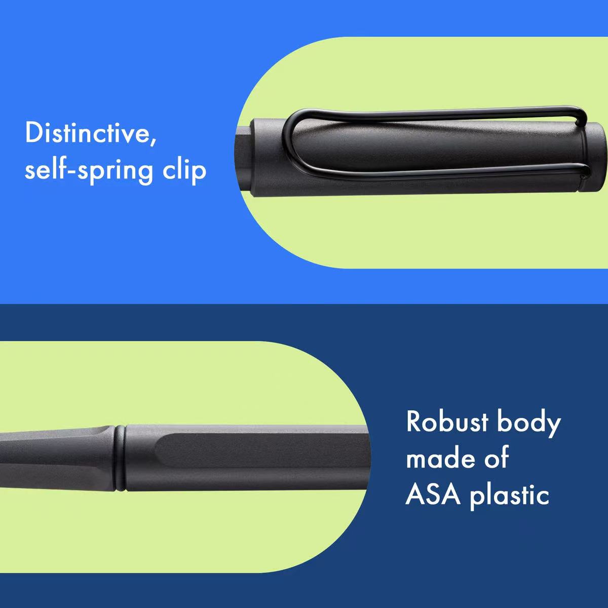 Black pen with self-spring clip on a blue and green background