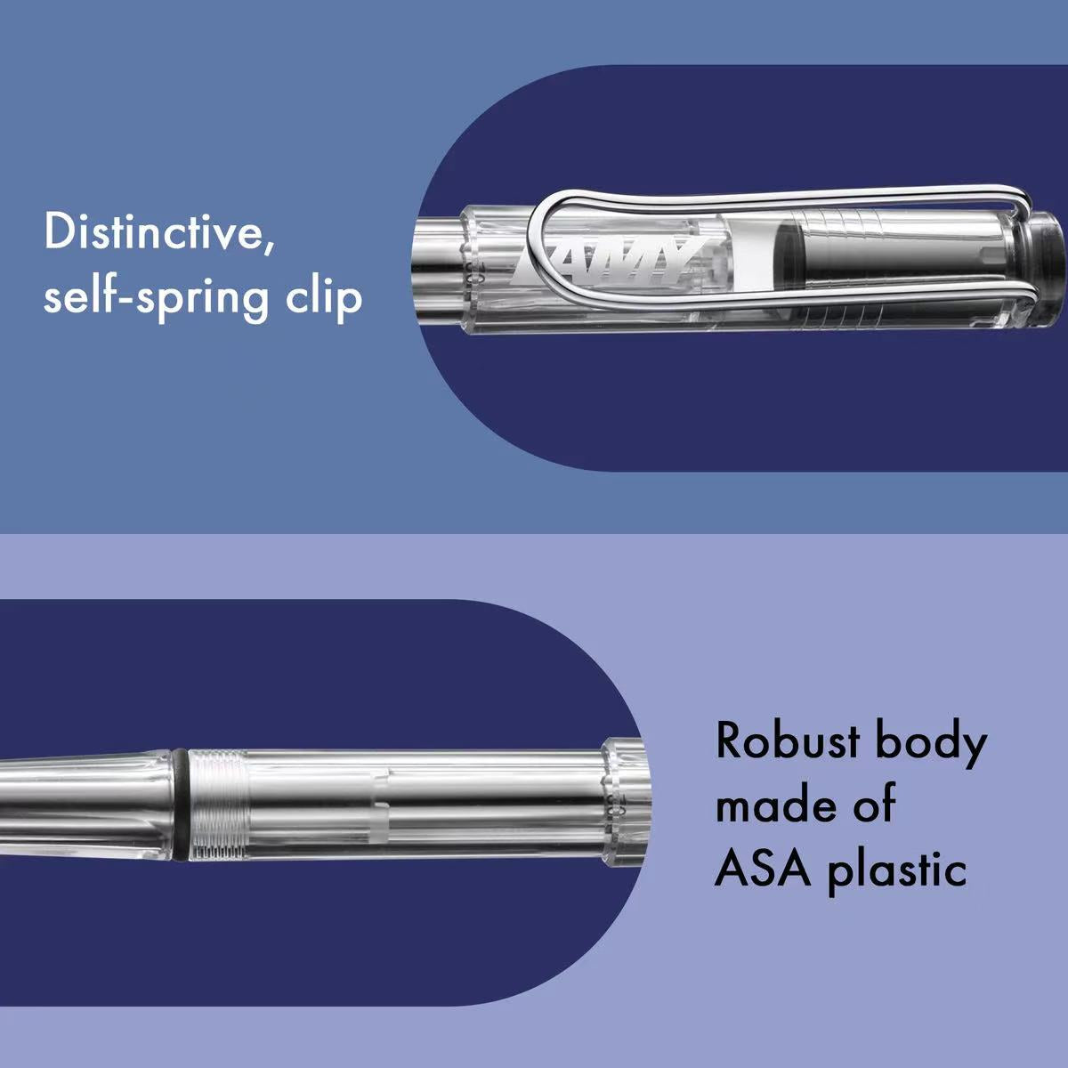 Pen with self-spring clip and ASA plastic body on a blue background