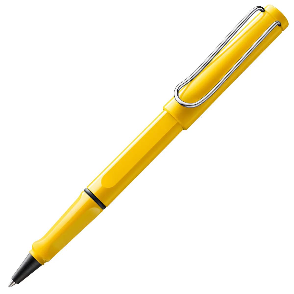 LAMY safari Yellow rollerball pen with a silver clip on a white background
